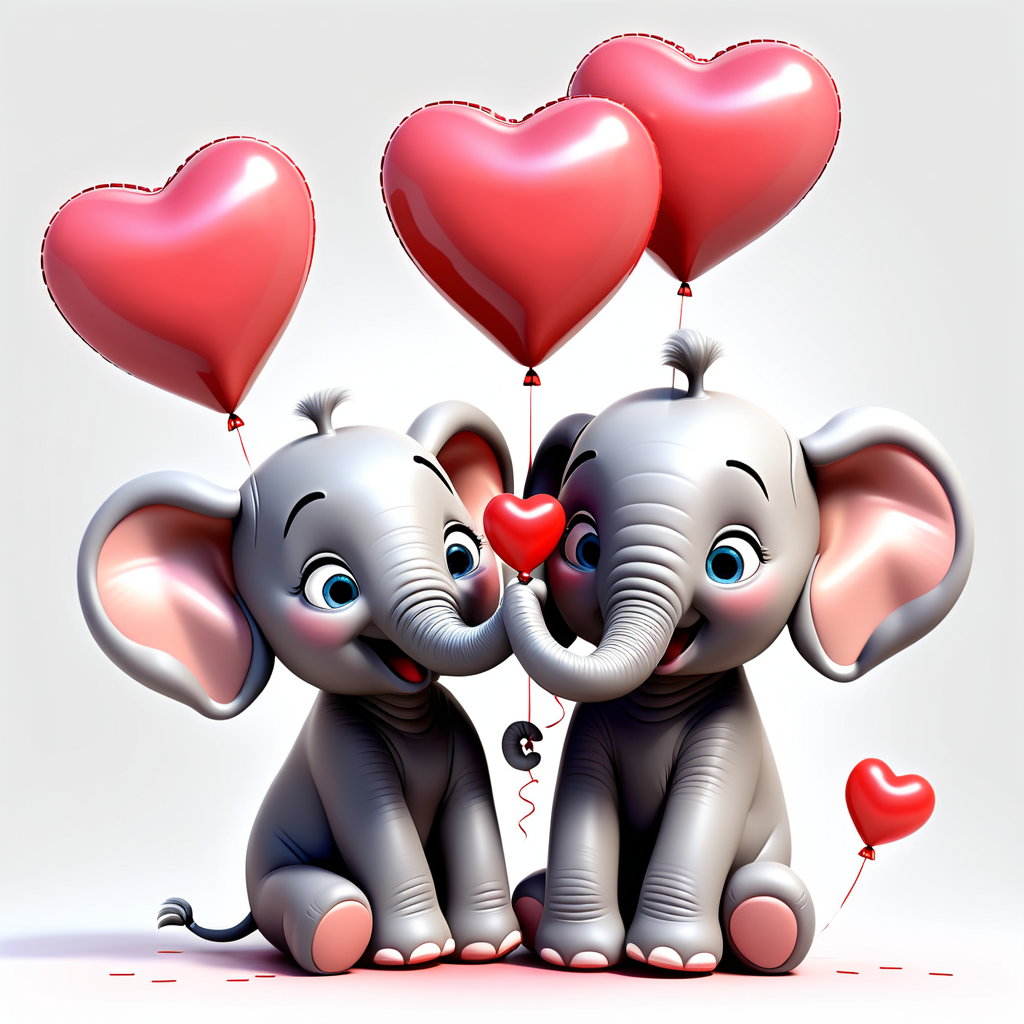 /envision prompt: "Adorable Pixar 3D Baby Elephant Couple" on a white background, holding heart-shaped balloons and sharing a loving gaze. Their expressions convey tender affection, and the overall scene radiates Valentine's warmth. --v 5 --stylize 1000