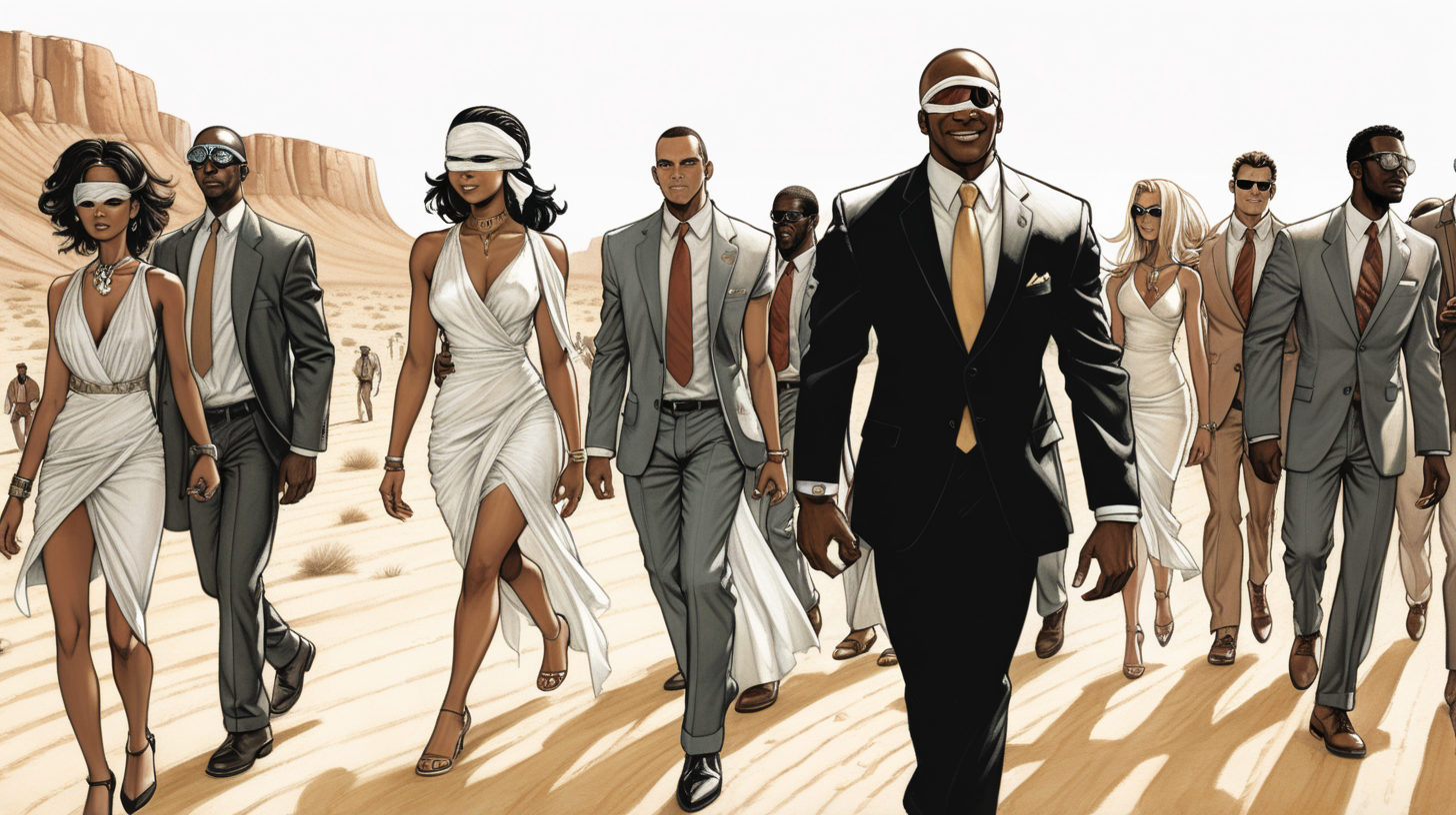 a blindfolded black man with a smile leading a group of gorgeous and ethereal white and black mixed men & women with earthy skin, walking in a desert with his colleagues, in full American suit, followed by a group of people in the art style of Matteo Scalera comic book drawing, illustration, rule of thirds