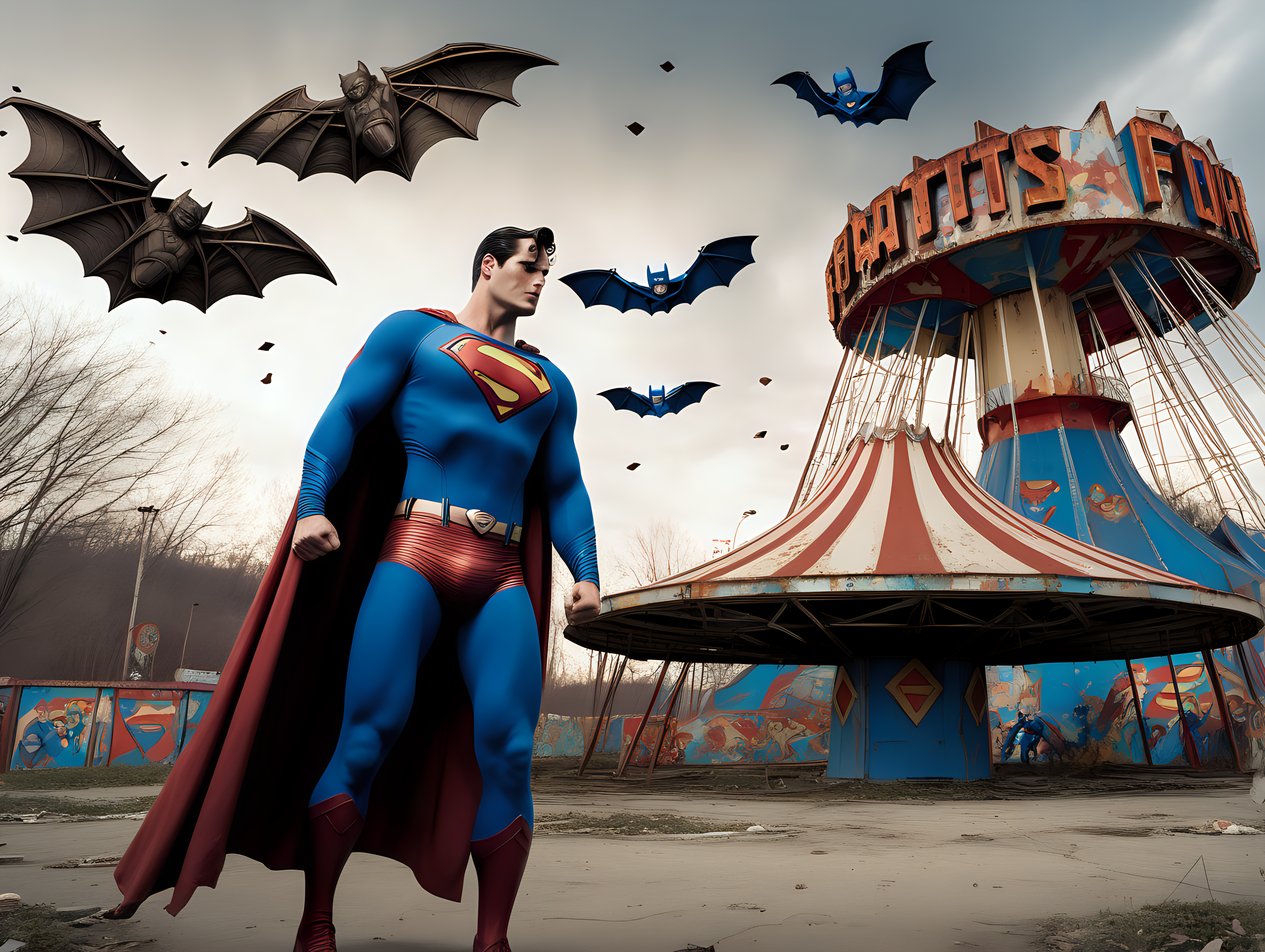 Superman fights the Fantastic Four in an abandon amusement park with bats flying overhead