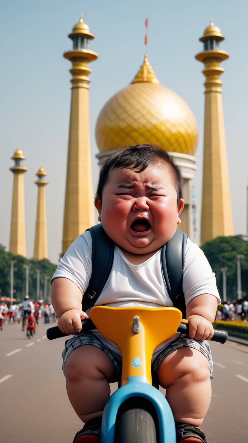 Cute Fat Little Boy Is Riding Monas Crying