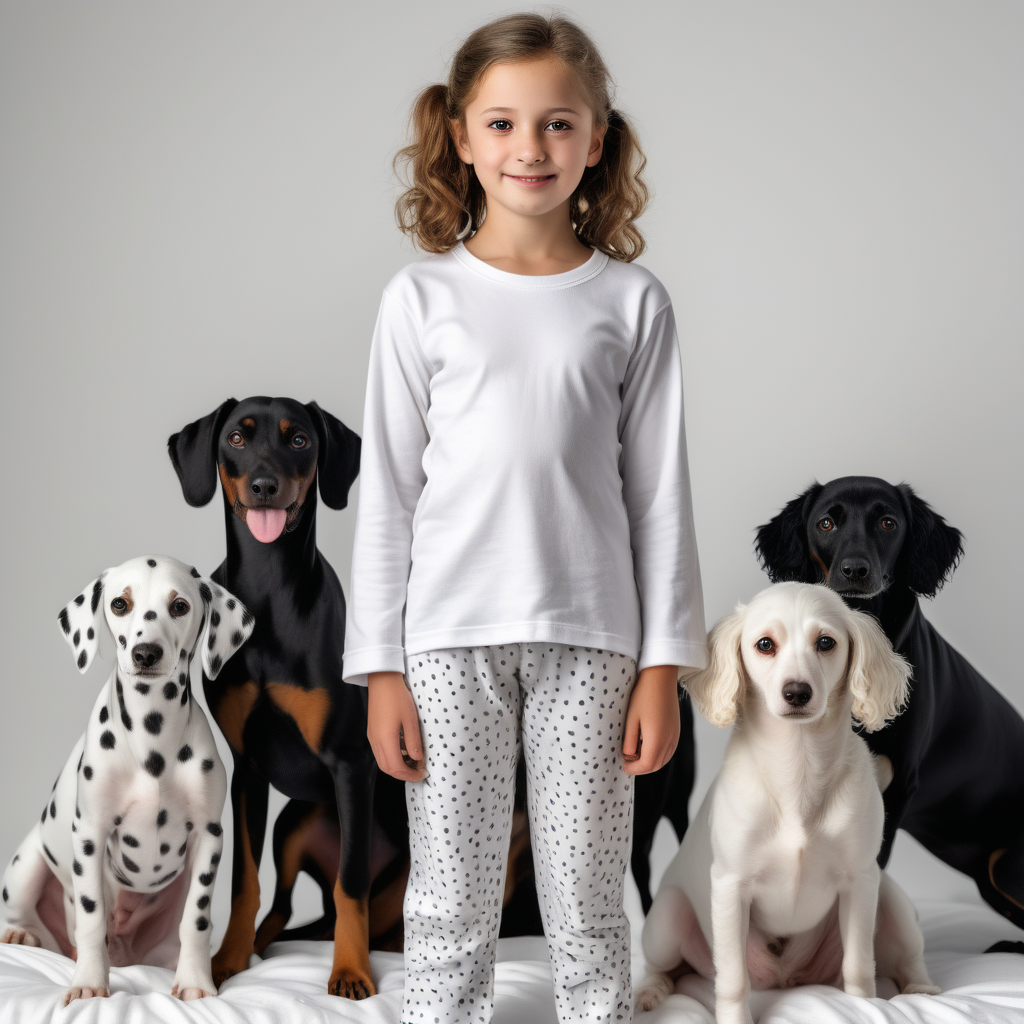 “Perfect Facial Features photo of a 10 year old girl standing in  white cotton tshirt pyjama (no print, long  tight cuff sleeves, loose long pants), surrounded by dogs ( dalmetion, poodle, weinerdog, , no background, hyper realistic, ideal face template, HD, happy, Fujifilm X-T3, 1/1250sec at f/2.8, ISO 160, 84mm”