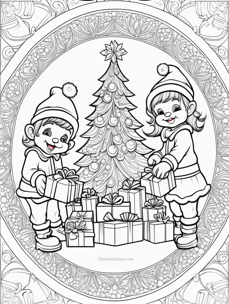 mandala coloring page - Santa Claus's helpers packing presents. Whole page mandala theme including background.