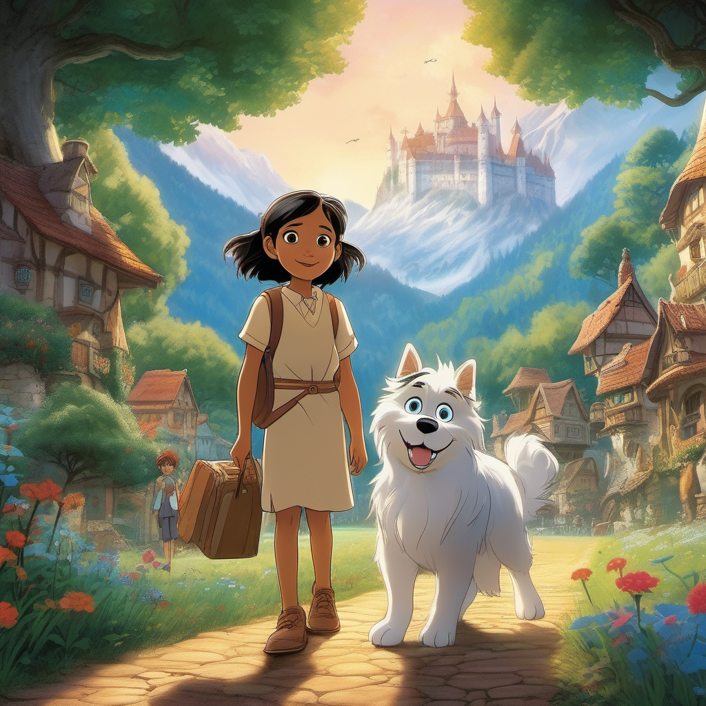 In the magical fairy tale land of Sprachland, Anaya, a delightful little Indian girl fascinated by languages, embarks on a journey to learn German, accompanied by her loyal companion, a fluffy dog named Elsa, Hayao Miyazaki style