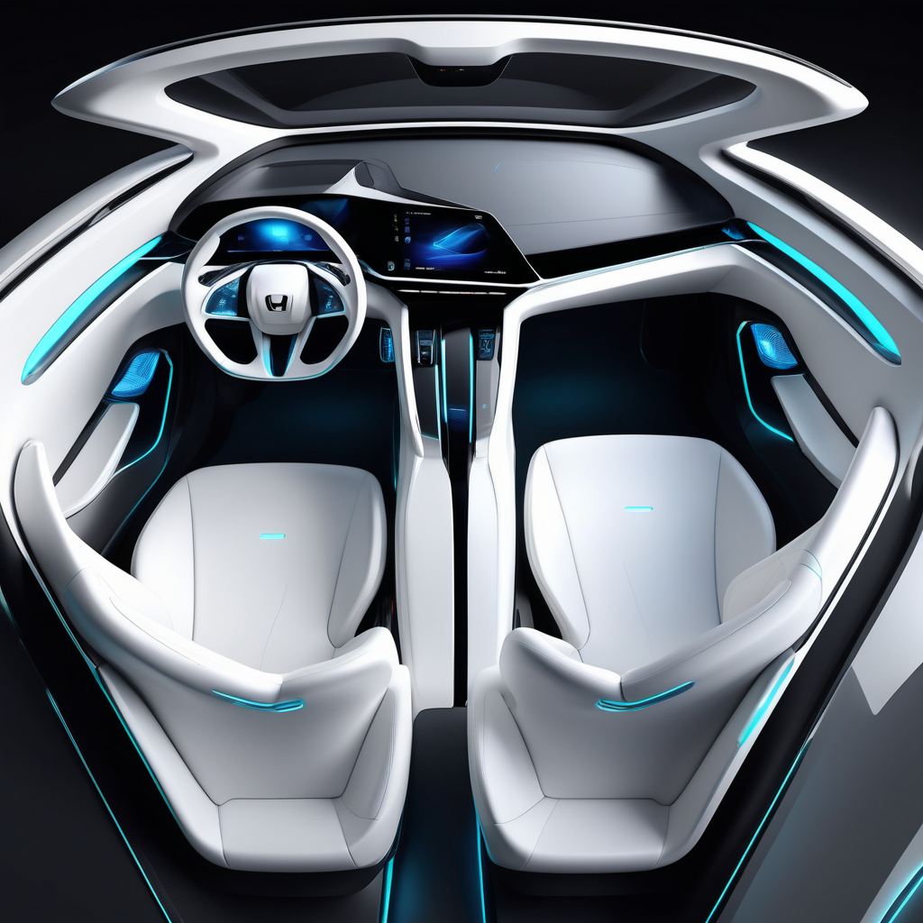Realistic EV car, ambient light, Interior design, top view , front and rear seat, elegant Avantgarde 2030, nearly ,interior concept, Futuristic Honda car, White steering wheel, Big space,Ambient light, connected trim line.