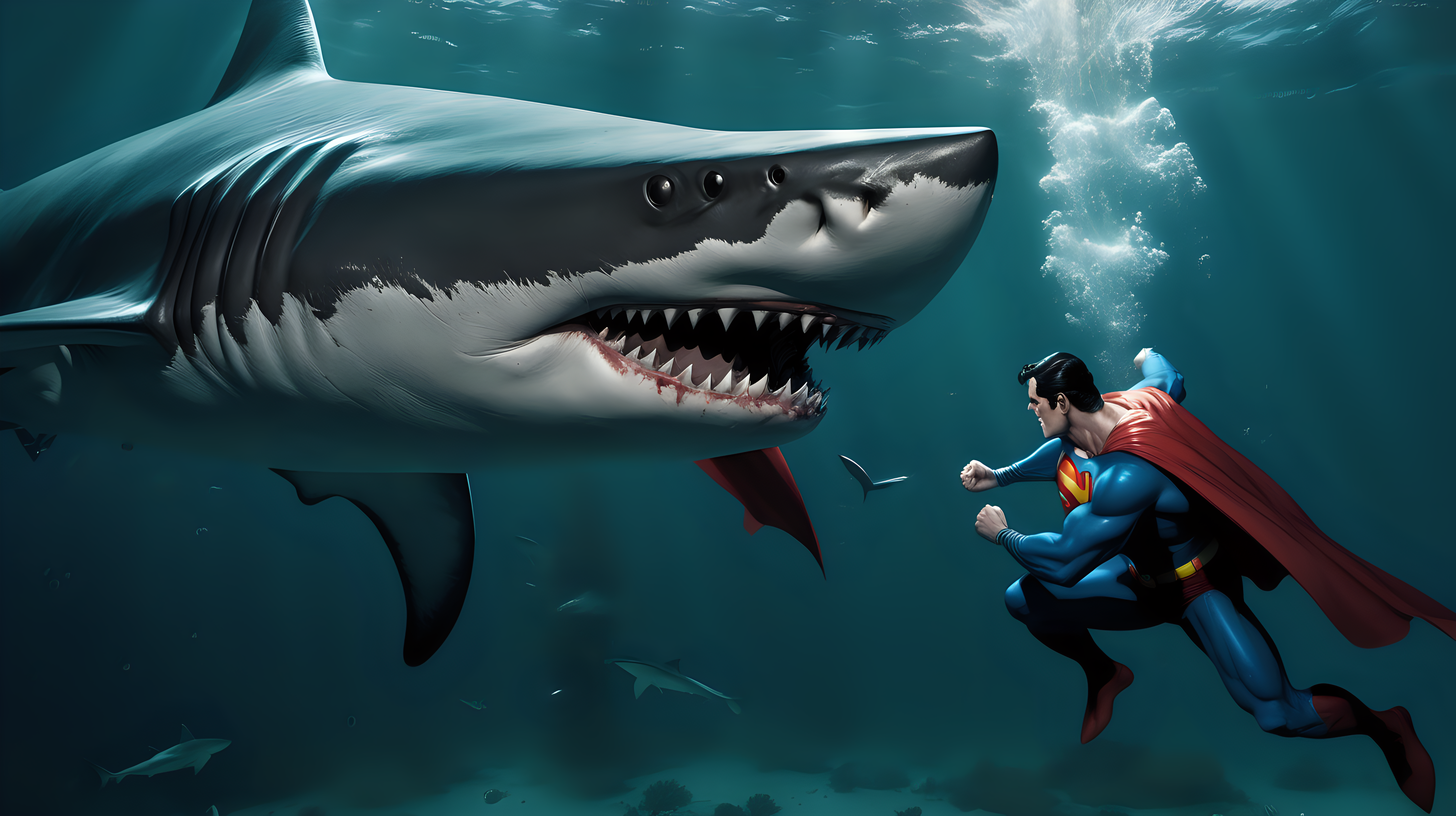 Superman fights a shark with lets and wings underwater