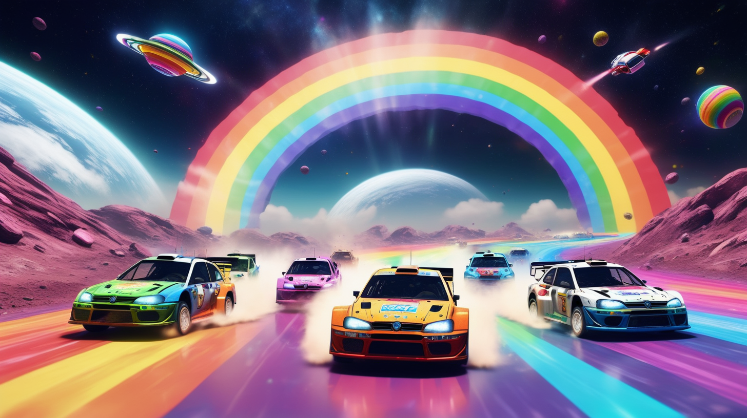 rally cars racing on rainbow road in space