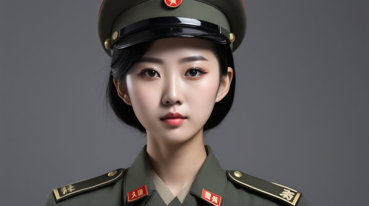 A Chinese female soldierBlack hairYoung personLarger chestFrontal faceStanding