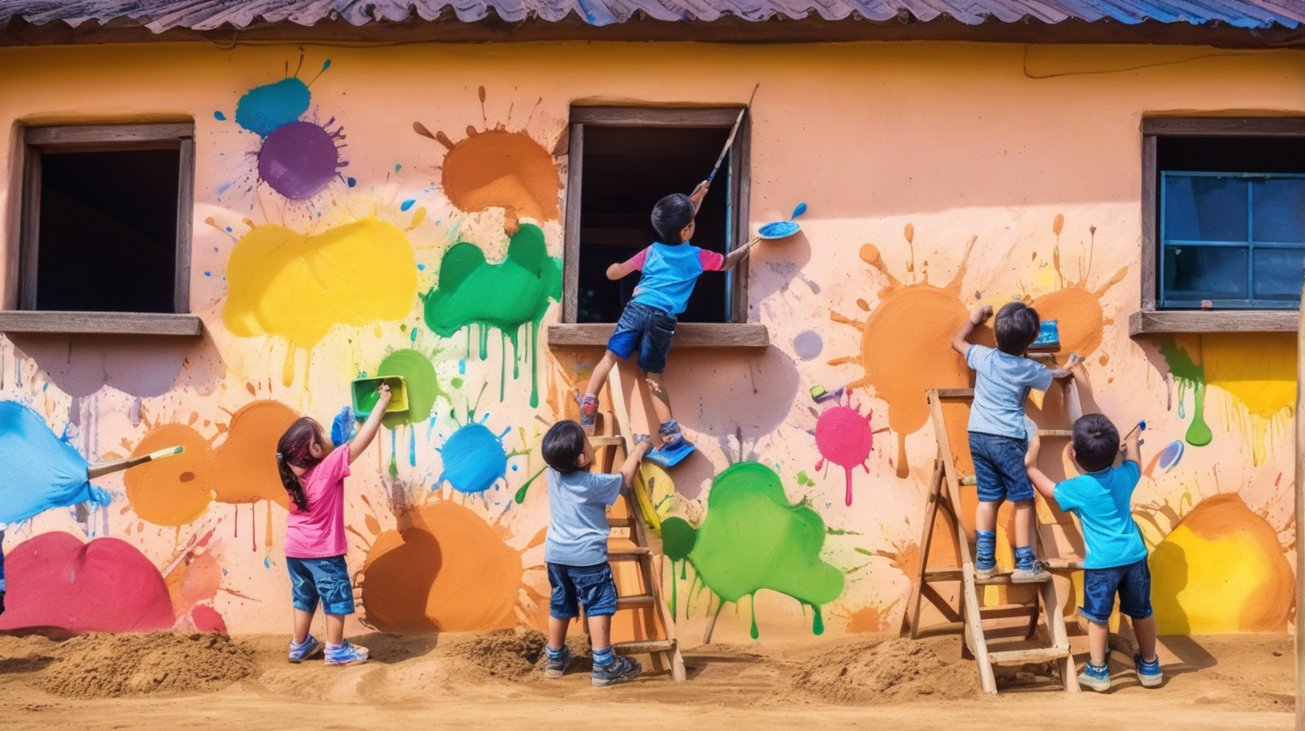 cartoon kids painting colorful murals on the walls of muddy house.