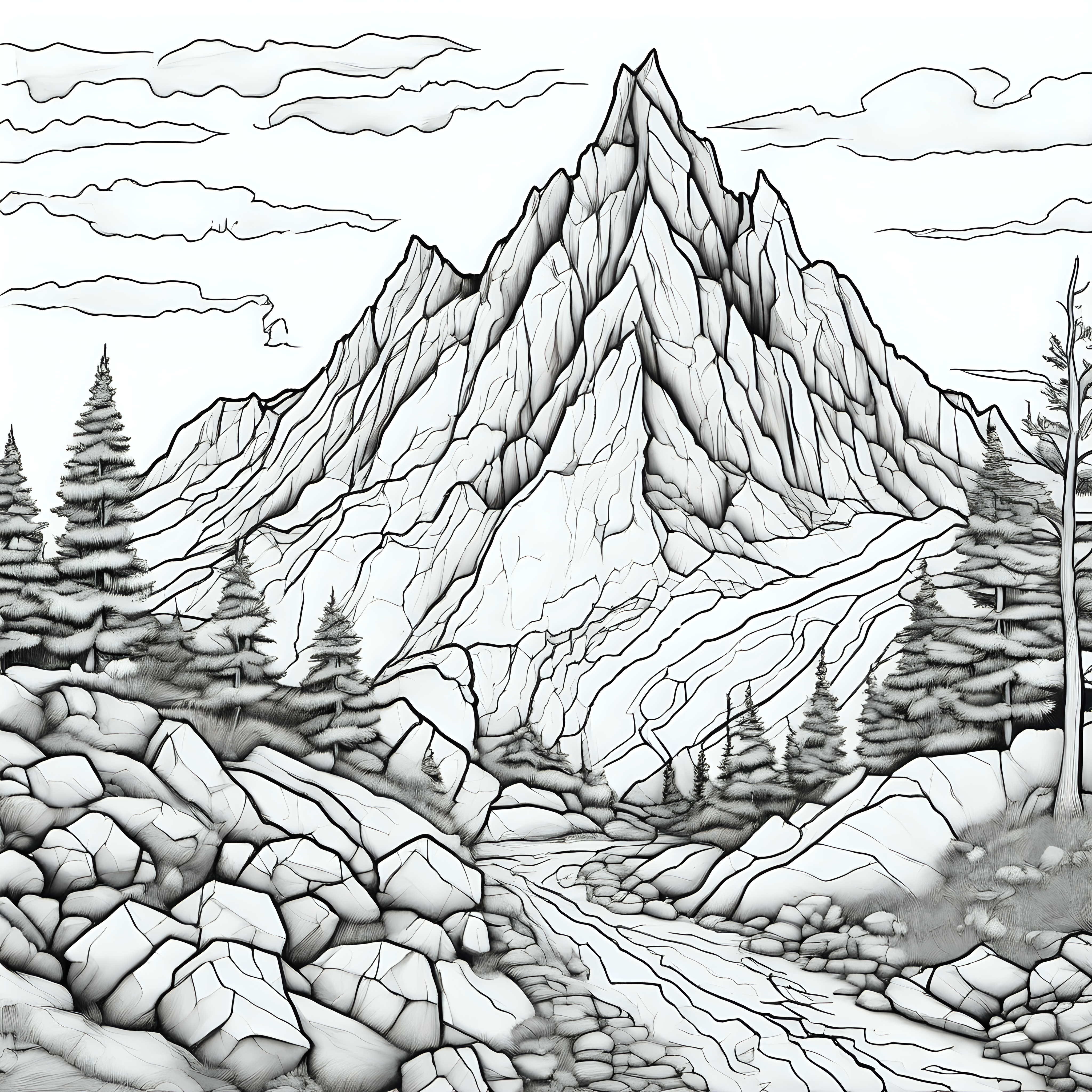low detail coloring page of a mountain being broken down my weathering and erosion