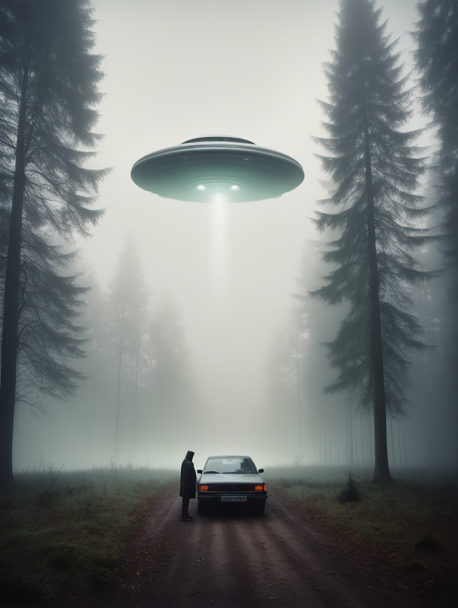 [rembrandt],  mord an alien im hintergrund, neblig, ufo hinter bäumen versteckt, waldrand, kleinwagen, atmosphäre,  verschiedene perspektiven, bäume, wald, minimalistisch, scary, foto, mittelformat, hasselblad, blende 1,1, asa 50