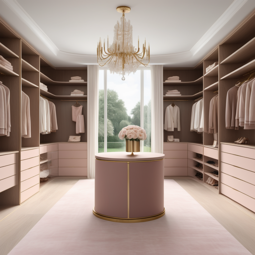 A hyperrealistic image of a grand, elegant modern Parisian master walk in closet in a beige oak brass and dusty rose colour palette with floor to ceiling windows showing views of the white roses in the garden, a brass modern chandelier, an accessory island, curves
