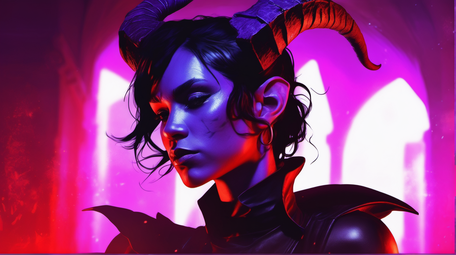 a beautiful female tiefling with purple skin with black hair in profile, lit by red light underground