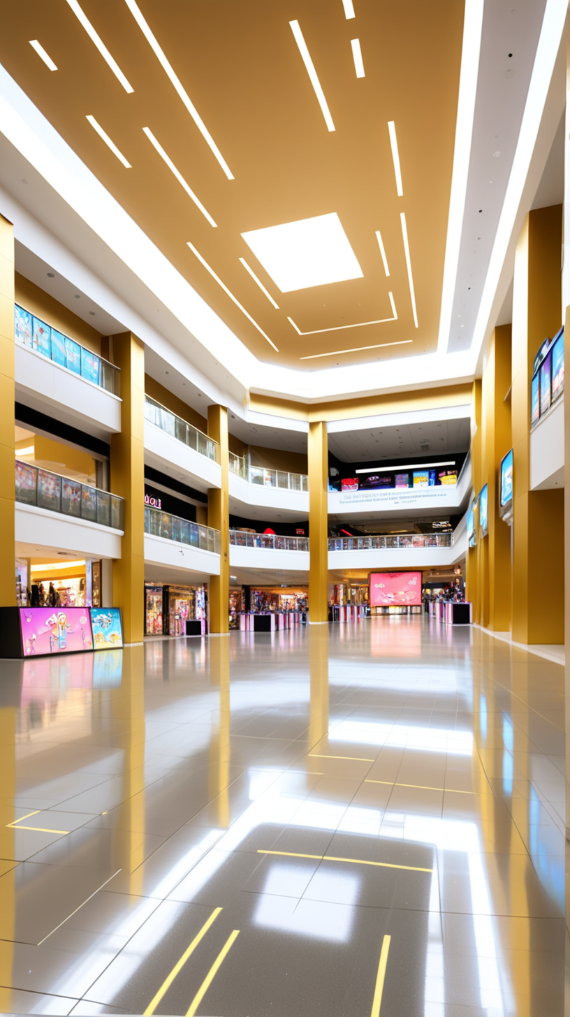 Inside a mall with golden walls and a silver floor with games and other stations around for background