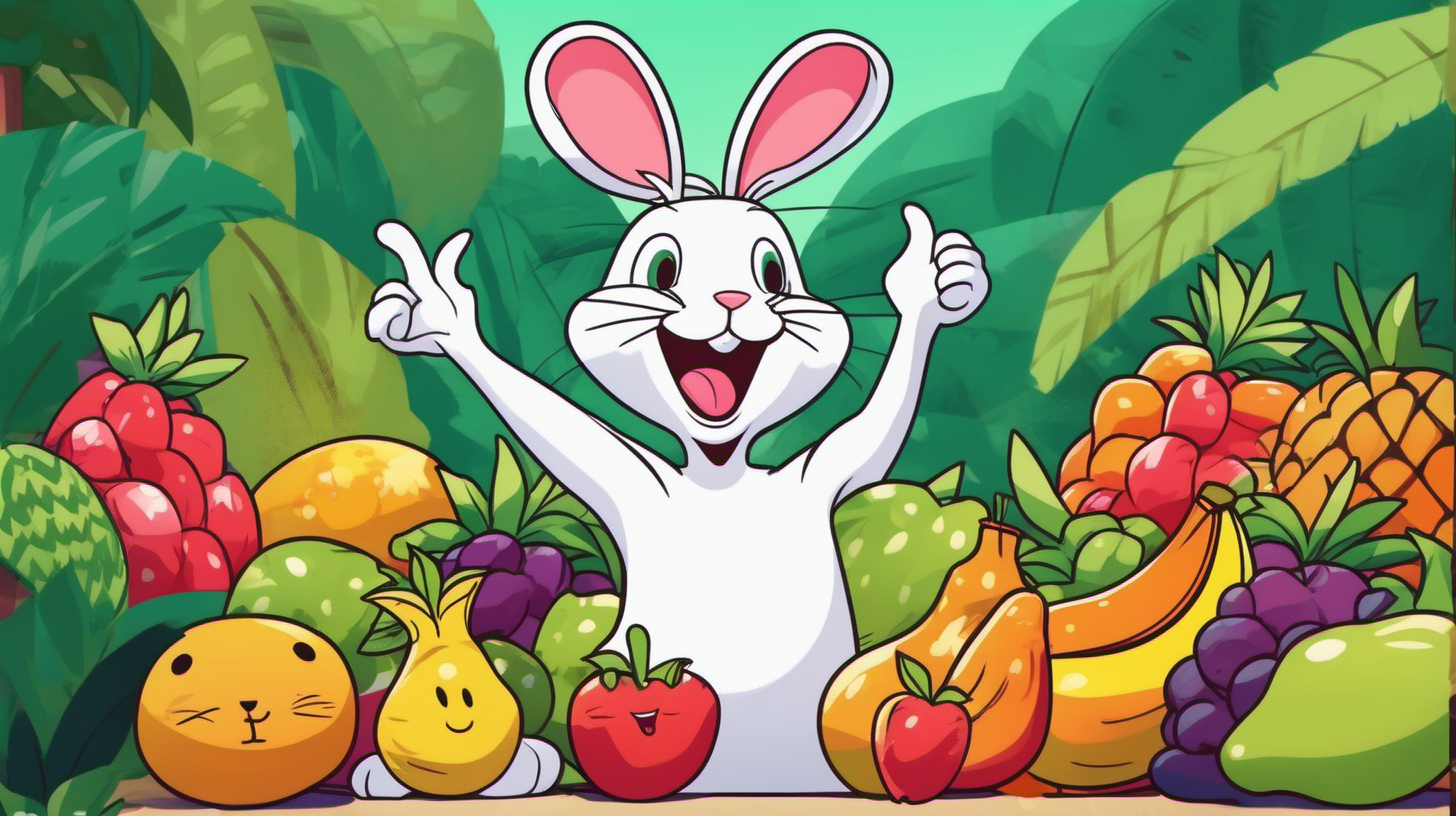 a smiling cartoon rabbit standing excited in front of a very large container of colorful fruits in a green jungle