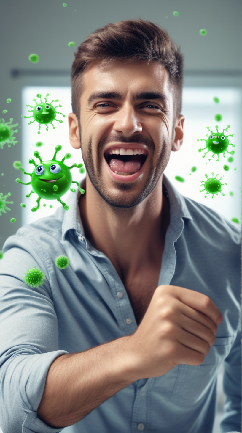 man looking happy fighting off bacteria germs 4k