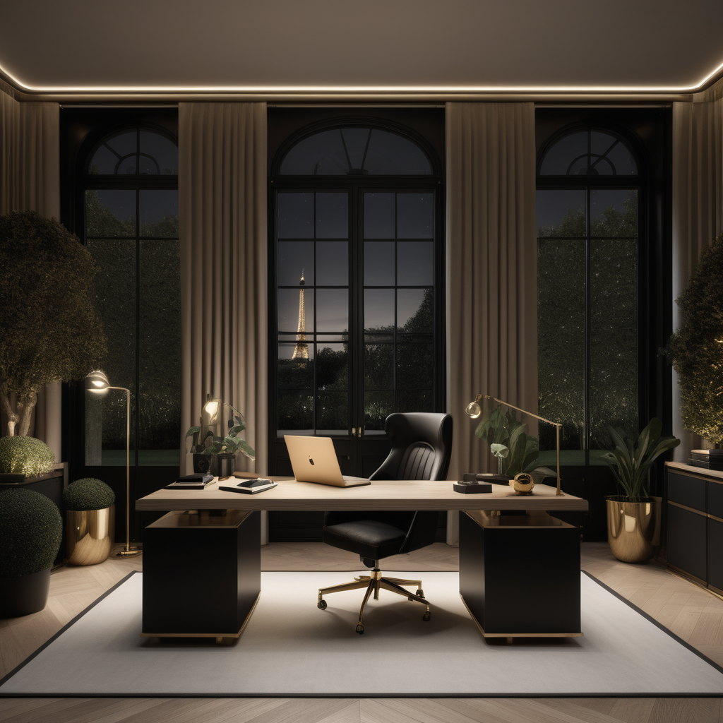 a hyperrealistic of a grand modern Parisian estate home office at night with mood lighting, floor to ceiling windows with a view of the manicured gardens, in a beige oak and brass and black colour palette
