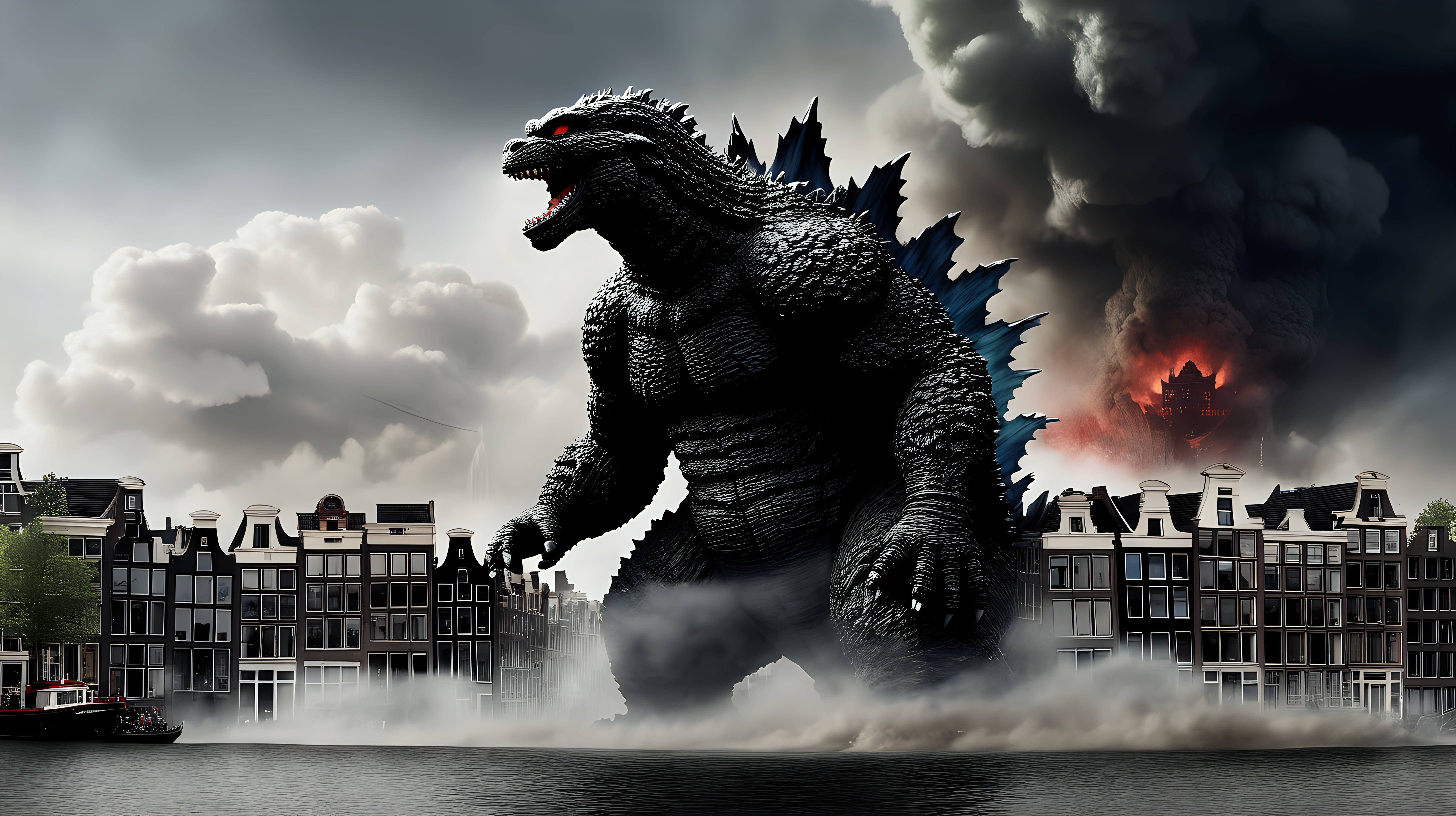 Godzilla destroying Amsterdam