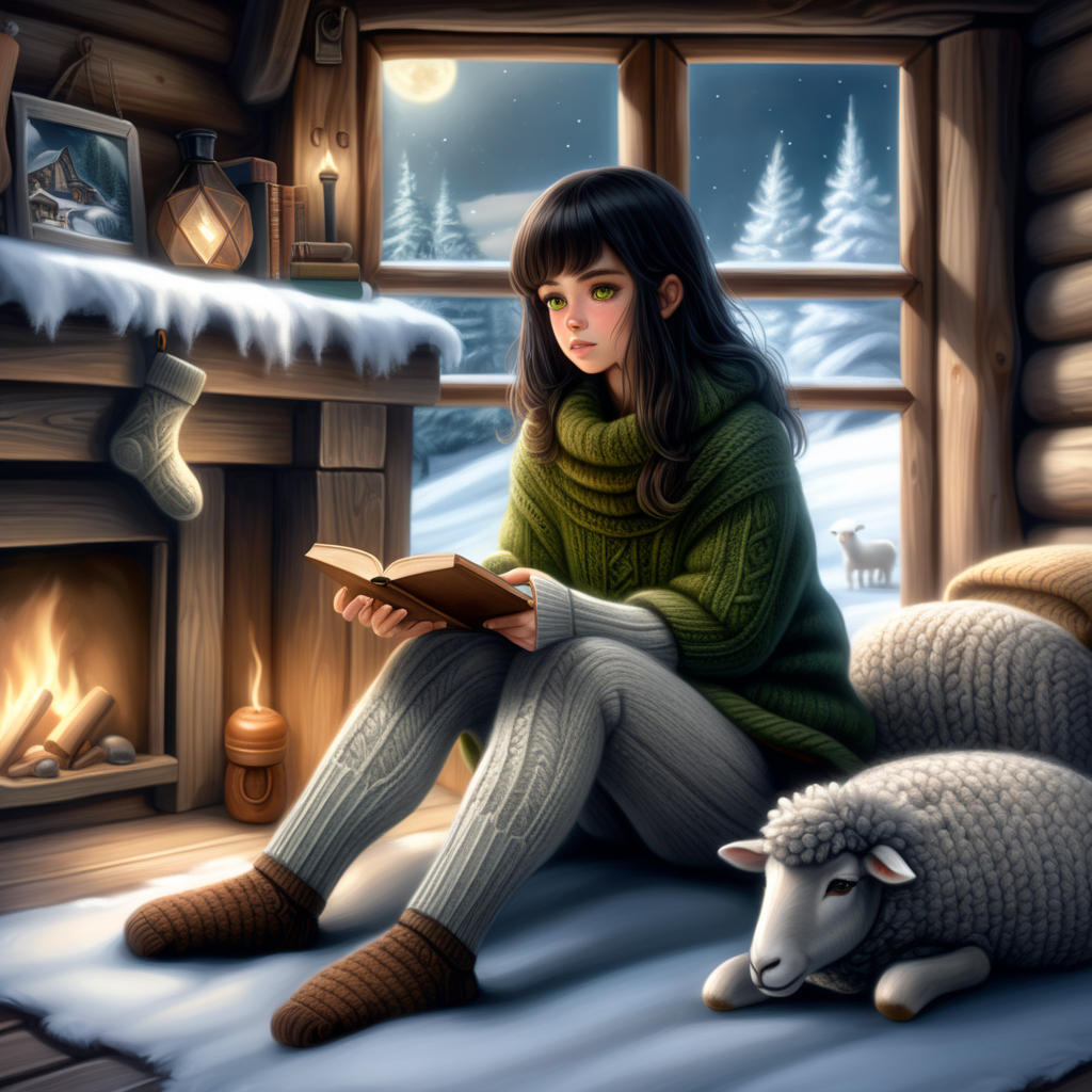 Deep winter . Its dark night - only yellow moon on sky and few blinks of light in the snowy tree crowns. Inside cozy wooden winter cabin with small windows hot girl with black hair and green eyes lay on wooden low bed covered with brownish soft and mossy lamb skin. There is a big and hot stone fireplace.  Bed is covered with knitted woolen blankets in brown and white. Girl wearing black leggings tights, wrinkled knitted white and brown woolen socks. Gray without sleeves thick and coarsely woven sweater, dark green short felted bodice, gray knitted woven handmade slippers. Around laying some sci-fi books, unfinished knitted socks - many pairs. Near the wooden door with small windows are thick rubber boots, shotgun, shells, big knife.