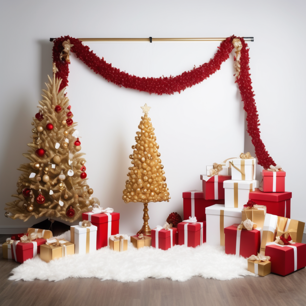 gold and white and red christmas photo studio set up
