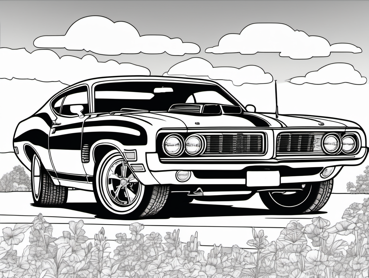 coloring page for adults, classic American automobile, 1970 Ford Torino Cobra, clean line art, high detail, no shade