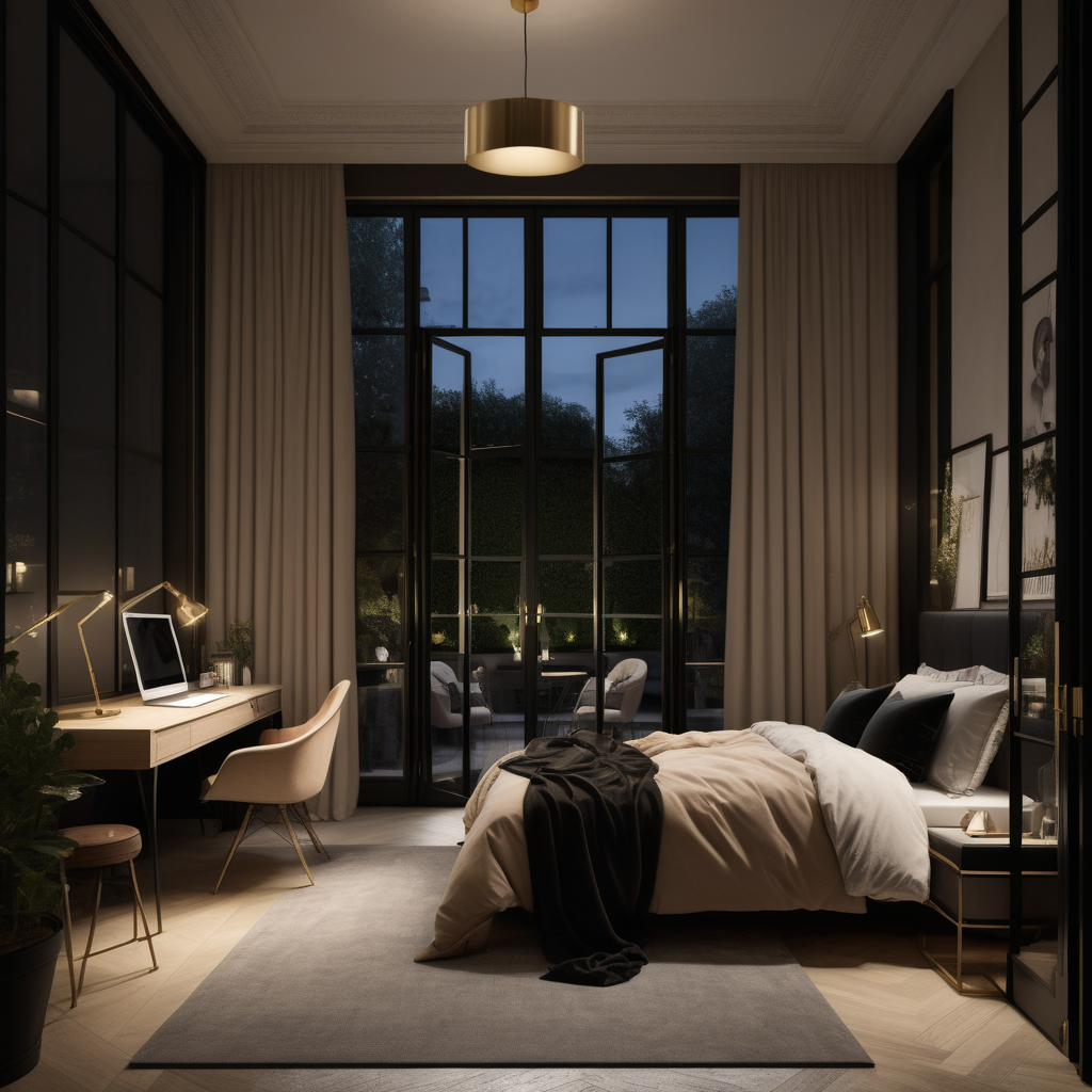 a hyperrealistic image of a palitial modern Parisian teenager bedroom at night with mood lighting, floor to ceiling window and doors opening to the private courtyard garden in beige, oak, black and brass with modern brass pendant lights, desk
