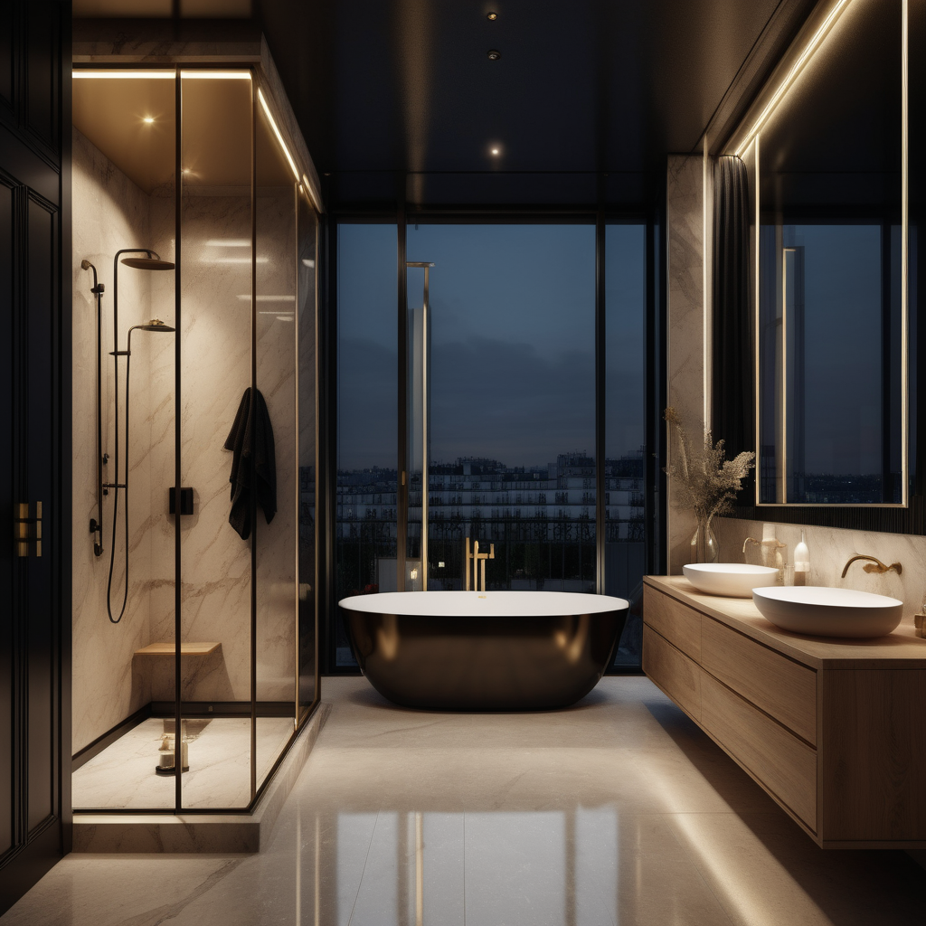 a hyperrealistic image of a grand modern Parisian  bathroom at night with mood lighting, floor to ceiling window with view of the balcony  in beige, oak, black and brass with modern brass pendant lights and glass double walk-in shower
