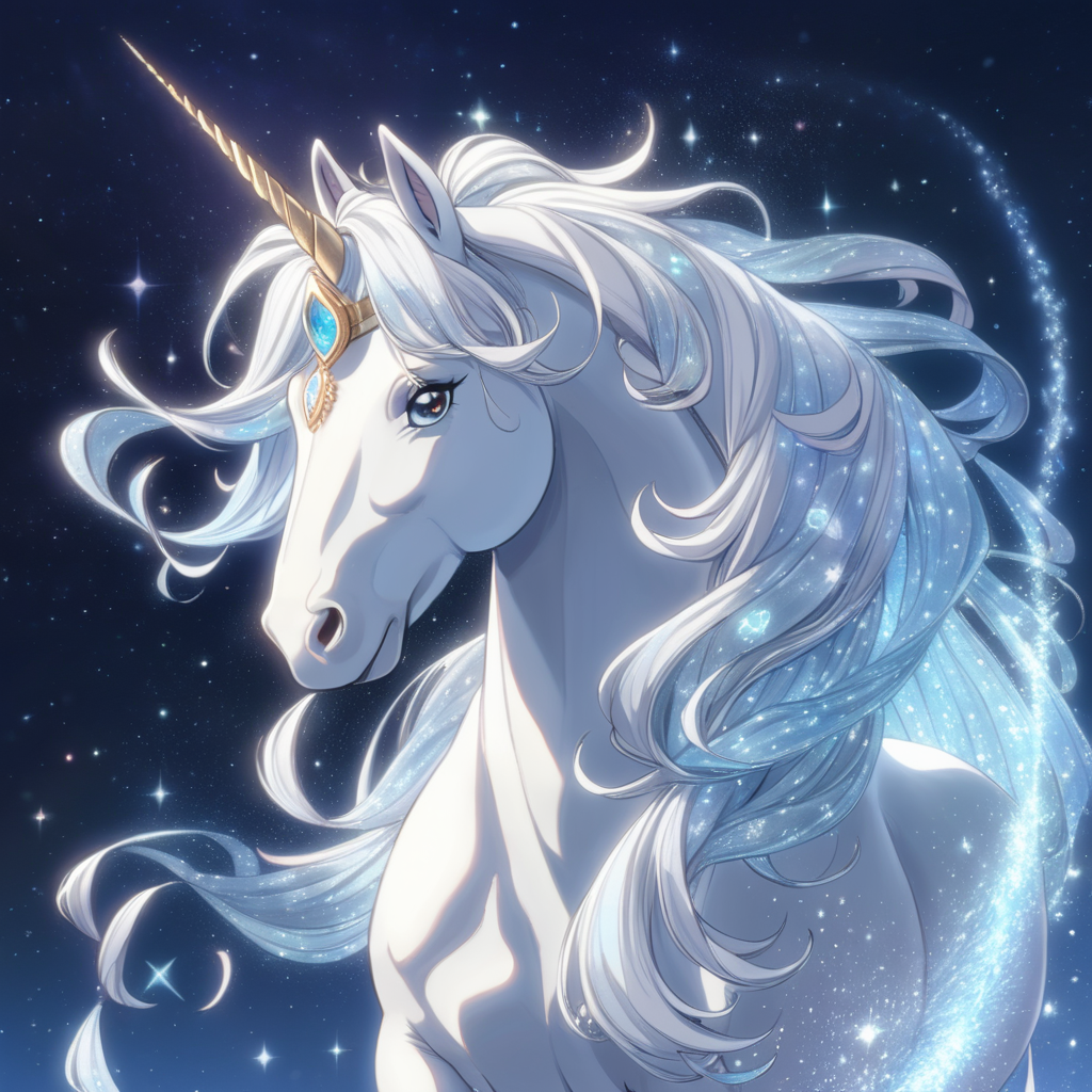 a full body image of a majestic magical white unicorn with a shimmering coat with head bowed down as if to be petted similar to Diana Cooper in anime cartoon style