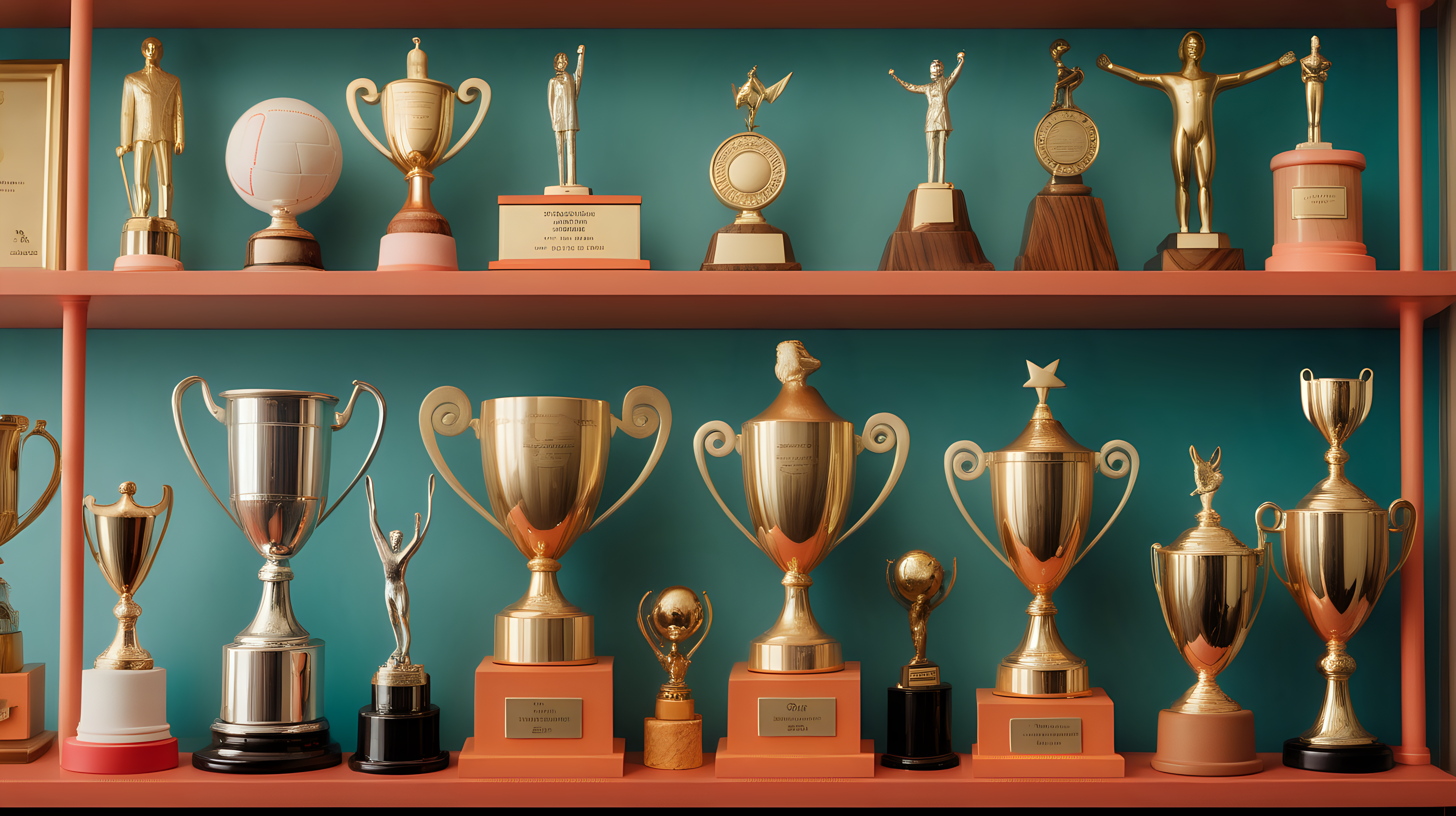 close up, high quality photograph of 10 various trophies and awards on a shelf in the style of a wes anderson movie
