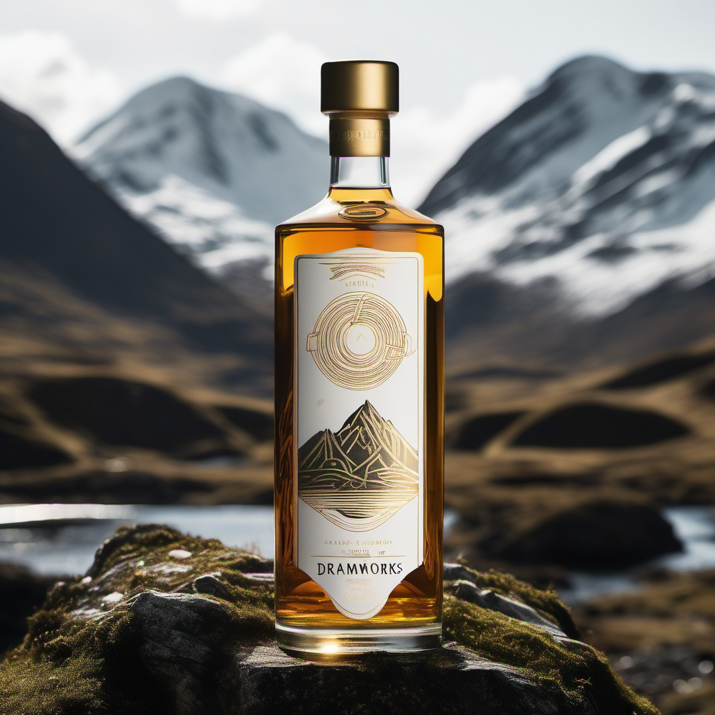 a minimalist modern whisky brand bottle with gold foil celtic detailing, mountains and the words Dramworks on the label