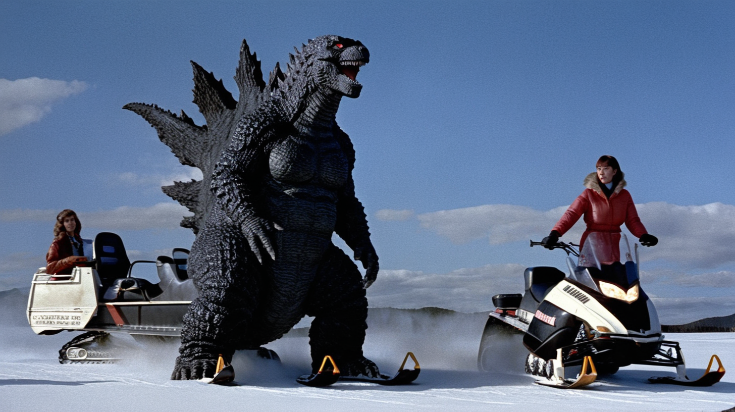 Godzilla sitting next to a woman on a snowmobile