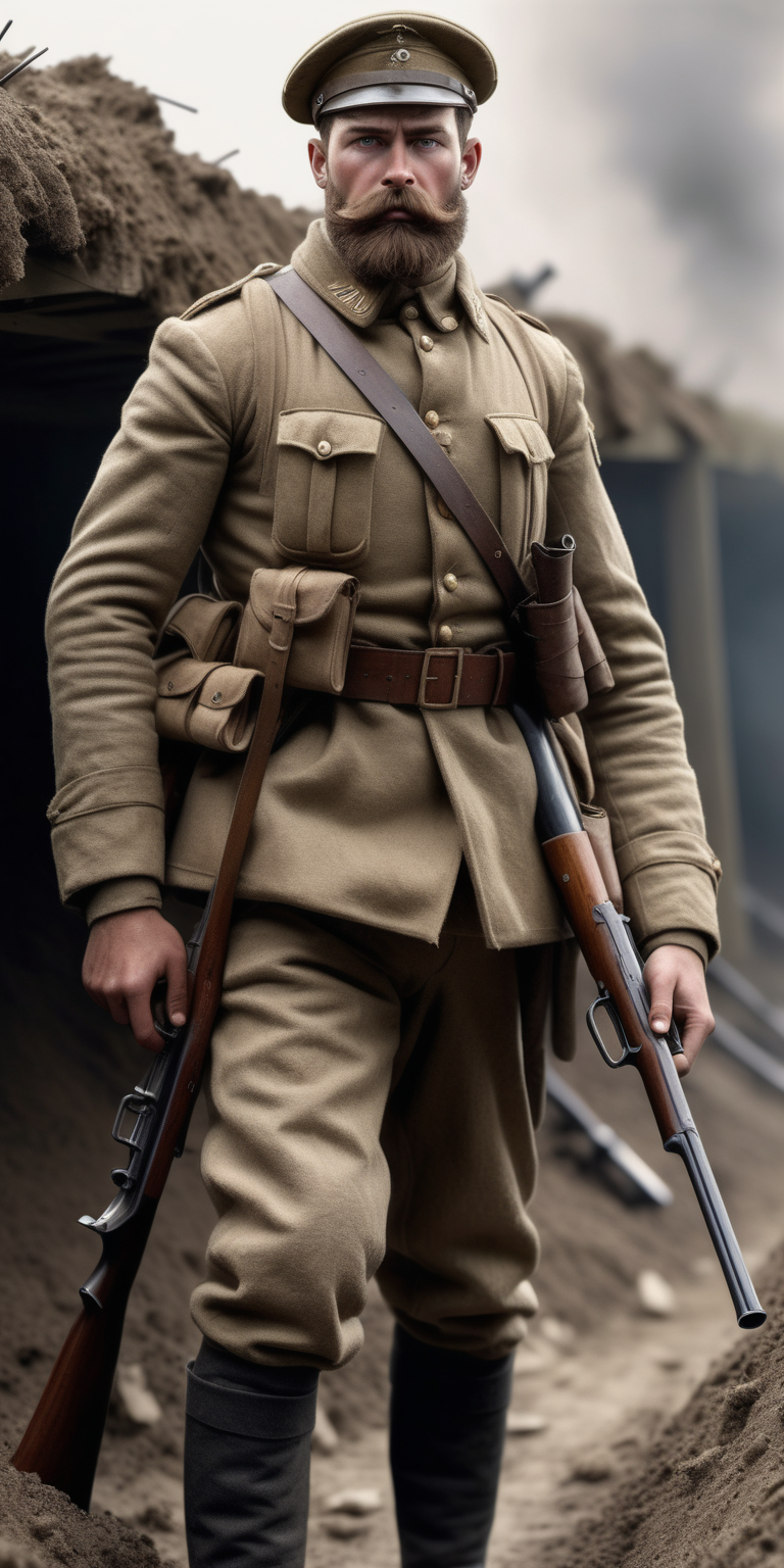 Realistic muscular WW1 soldier with brown hair and a beard with a sawed off shotgun stood in a trench