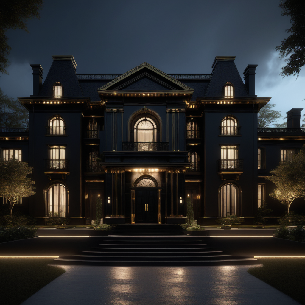 hyperrealistic of a modern Bruce Wayne inspired mansion; mood lighting; Black and brass
