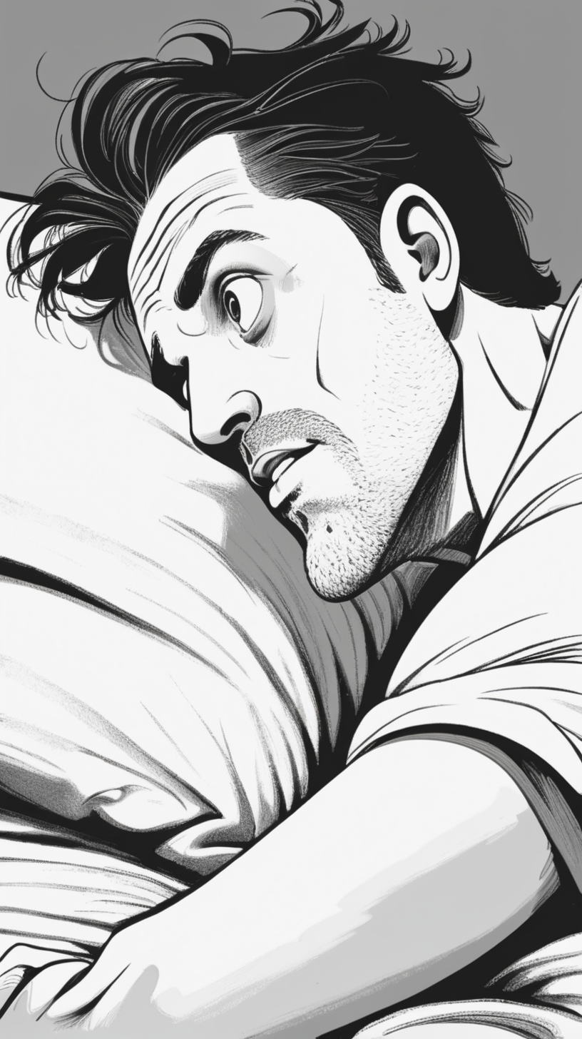 A simple black and white illustration of man on bed side view with eyes wide open. Close up
