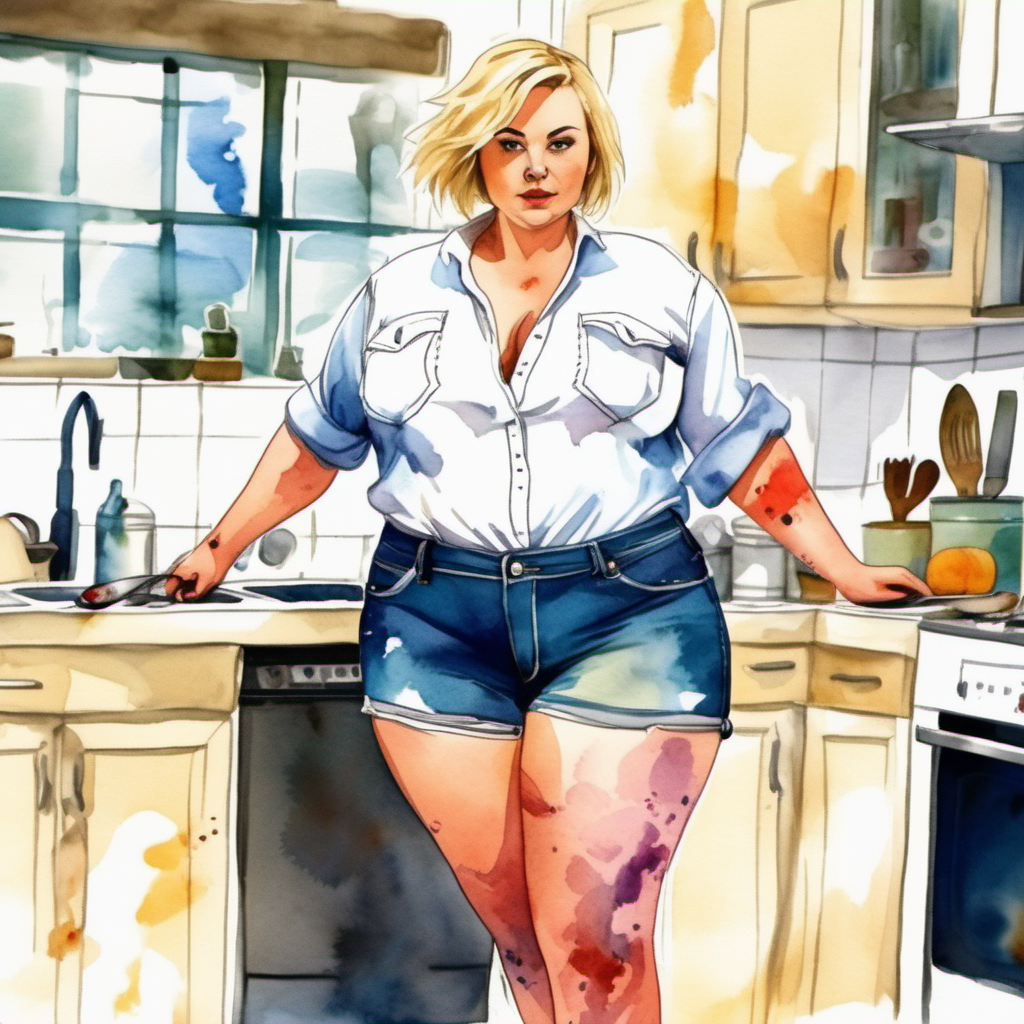 Image pov by curvy plus sizeblonde woman ,short hair wearing a jeans short and white shirt  wearing boots , big ass,wide hips,with a knife in the hands stand, full body,   on the kitchen, image based in watercolor paint.