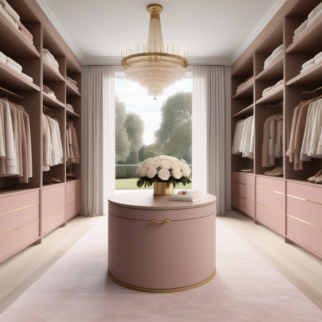 A hyperrealistic image of a grand, elegant modern Parisian master walk in closet in a beige oak brass and dusty rose colour palette with floor to ceiling windows showing views of the white roses in the garden, a brass modern chandelier, an accessory island, curves
