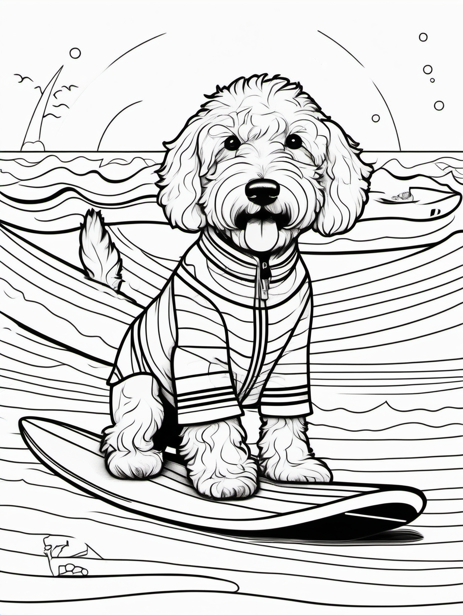 A cute goldendoodle at a whimsical surf competition with other animals in surfing attire for coloring book with black lines and white background