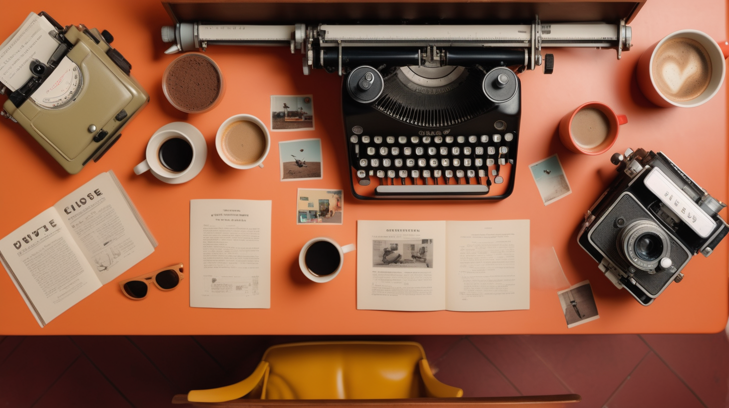 Wide shot of desktop with coffee cup, typewriter, film camera and birdwatching manual in the style of a wes anderson film. Camera looking down on desktop from above.