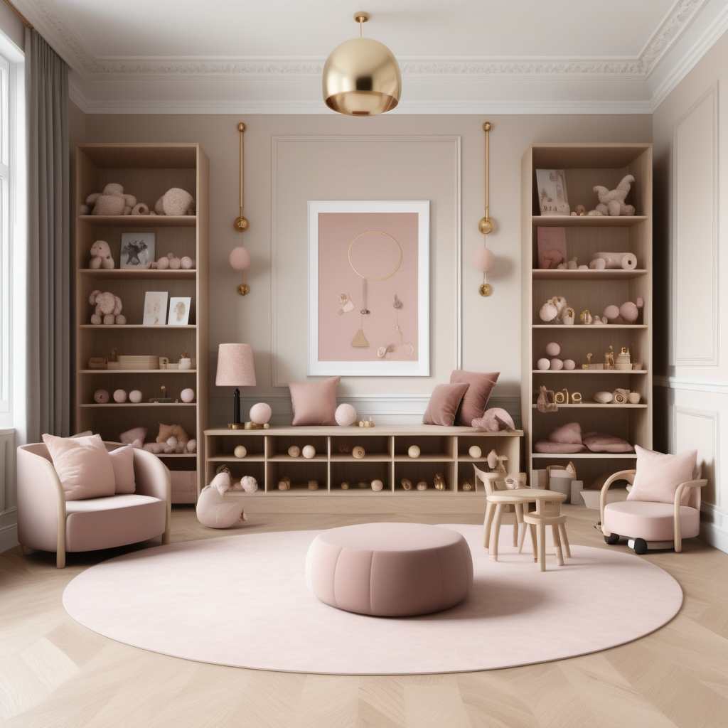 A hyperrealistic image of a luxurious modern Parisian Montessori-inspired play room in a beige oak brass colour palette with accents of black and dusty rose