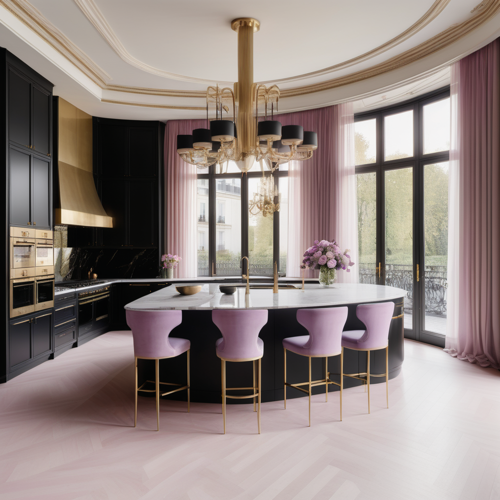 hyperrealistic image of large modern Parisian kitchen with island, floor to ceiling windows, curves, black, ivory, pink, lilac and brass colour palette, brass chandelier, sheer curtains