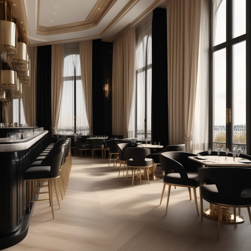 A hyperrealistic image a grand Modern Parisian fancy exclusive resturant and bar with tables and chairs, curtains,  in a beige oak brass and black colour palette with floor to ceiling windows and