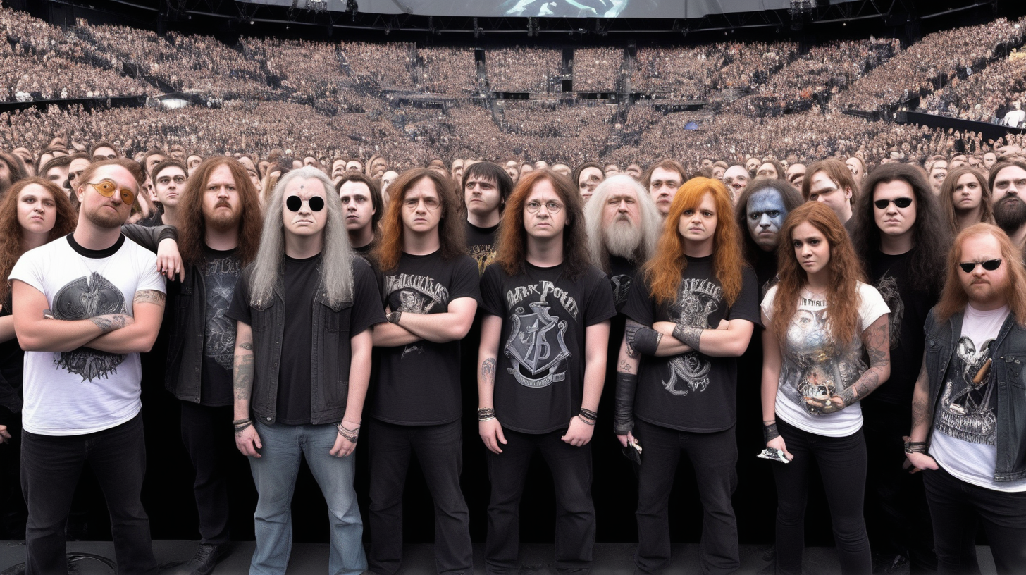 Various characters from Harry Potter in a real world on a metallica concert 