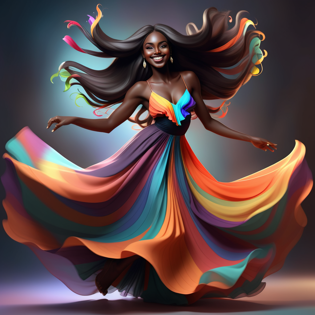 Beautiful dark skin black woman with long hair and colorful flowing dress smiling at camera while dancing  in fantasy art style