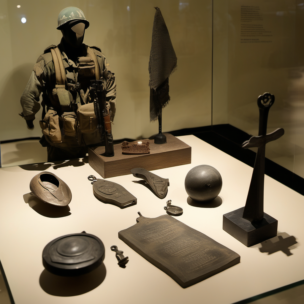 Historical Artifacts: A somber yet respectful display of personal and historical artifacts from Gaza conflict, each item casting a long shadow, symbolizing the lasting impact of these objects and the stories they hold.

