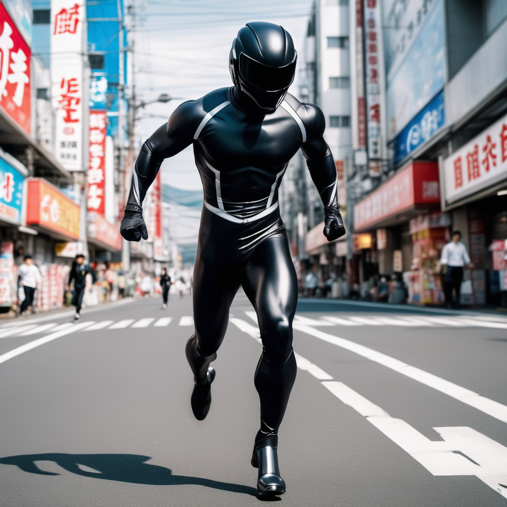 muscular man, full body black skintight suit, closed sentai helmet with visor, high speed sprinting, shooting black energy blast, street, Japan, day