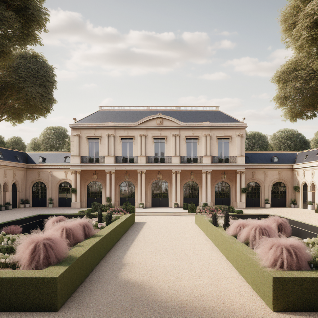 A hyperrealistic image of a palatial modern Parisian estate horse stables viewed from the outside in a beige oak brass colour palette with accents of black and dusty rose, with beautiful garden beds and sprawling lawns around it

