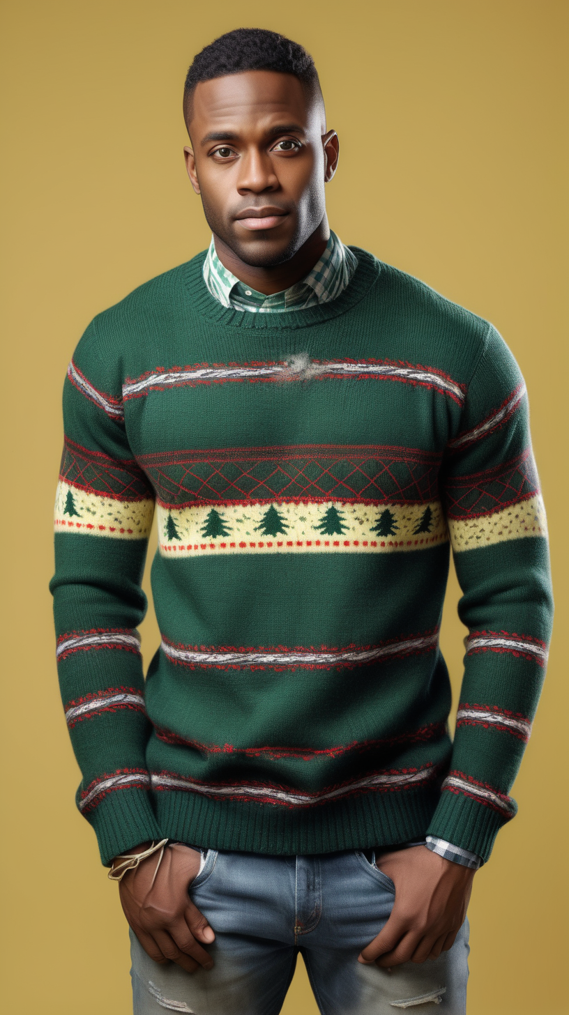 An attractive black man, wearing a  Green knit sweater, wearing plaid shirt, wearing a pair of faded blue denim jeans,  Christmas ribbons tangled around his arms and body making a mess,  with a light yellow background, 4k, high definition, ultra high resolution full detail from the waist up