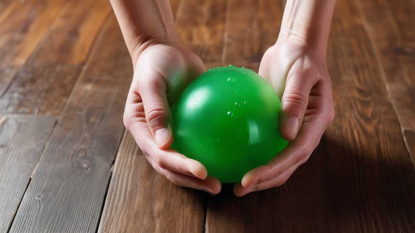 image hand squeezing green squishy ball with leak