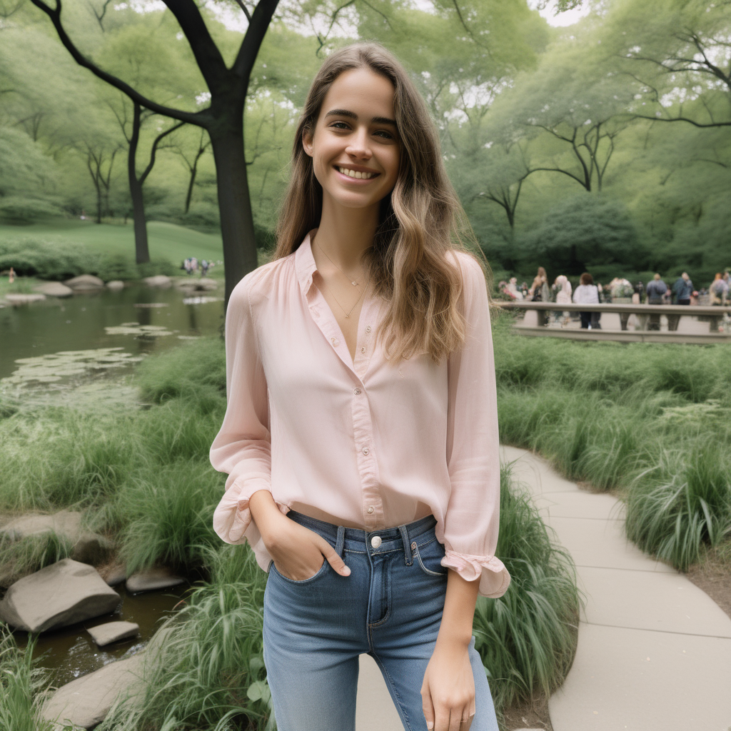 A smiling Emily Feld dressed in a long, light pink blouse and jeans standing in Central Park's Hallett Nature Sanctuary