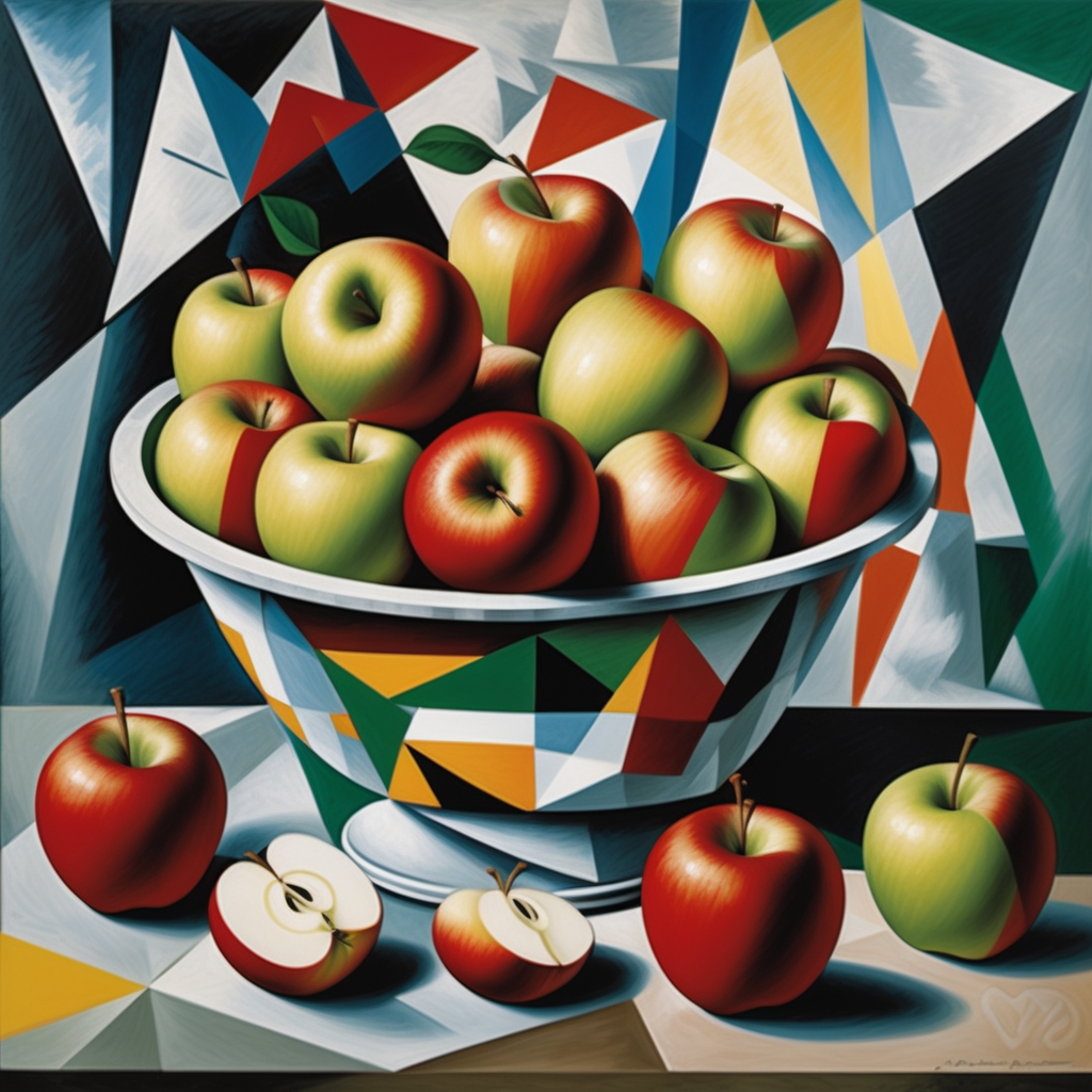 award-winning art by Pablo Picasso, hyper-detailed; apples, apple slices, bucket of apples; background filled with apples; abstract geometric background; high octane; photorealistic