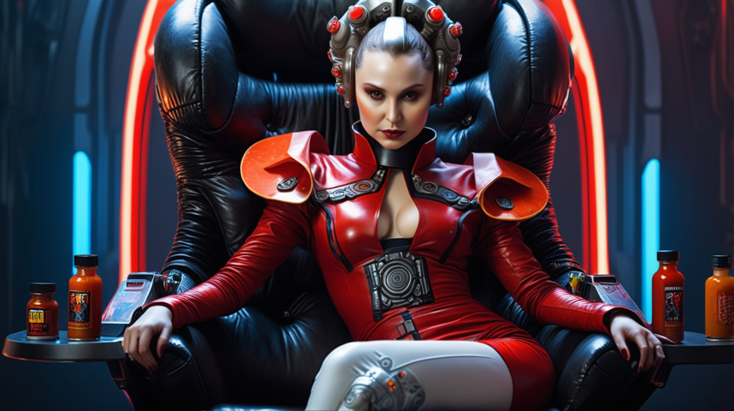 sexy queen amidala sits in cyberpunk chair with hot sauce on table 